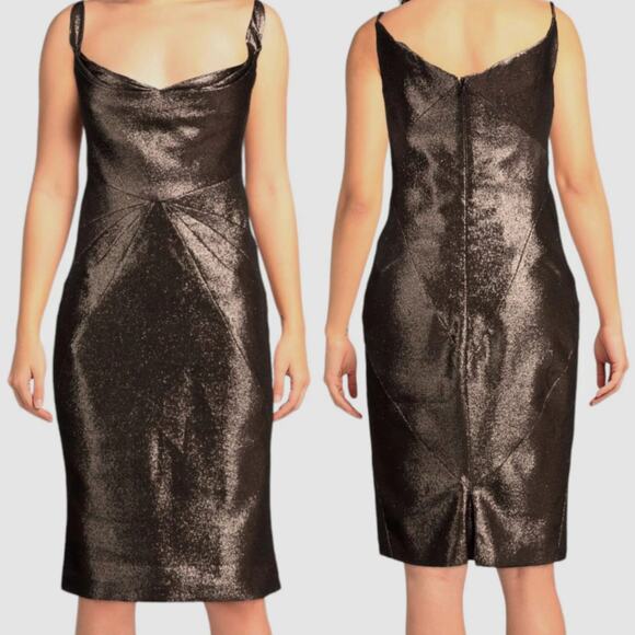 Zac Posen Metallic Bustier Sheath Cocktail Dress Size 6 Copper Brown Fitted New - Picture 1 of 13